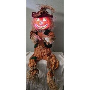 Rare VTG. 48" Tall Fiber Optic Pumpkin sitting Scarecrow HALLOWEEN FALL WITH BOX
